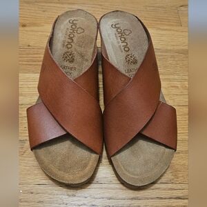 Yokono Women’s Leather Slide Sandals 7.5 Brown Cross Strap Comfort Slip On Spain